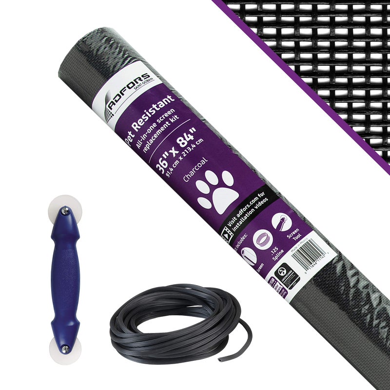 ADFORS Saint-Gobain ADFORS Pet-Resistant Door & Window Screen Repair/Replacement Kit, 36 inches x 84 inches Charcoal Mesh with Spline/Rolling Tool & Spline -For DIY Window & Door Screens, Tear-Resistant - Image 1